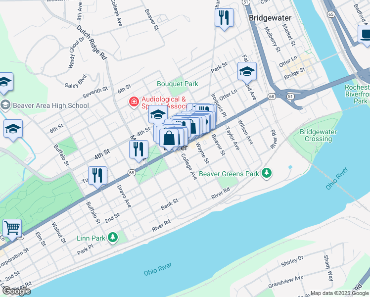 map of restaurants, bars, coffee shops, grocery stores, and more near 599 3rd Street in Beaver