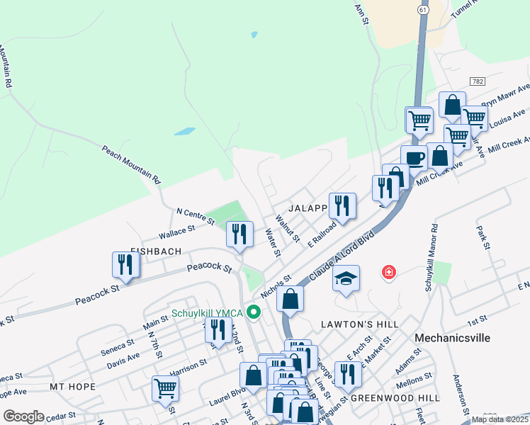 map of restaurants, bars, coffee shops, grocery stores, and more near 736 Water Street in Pottsville