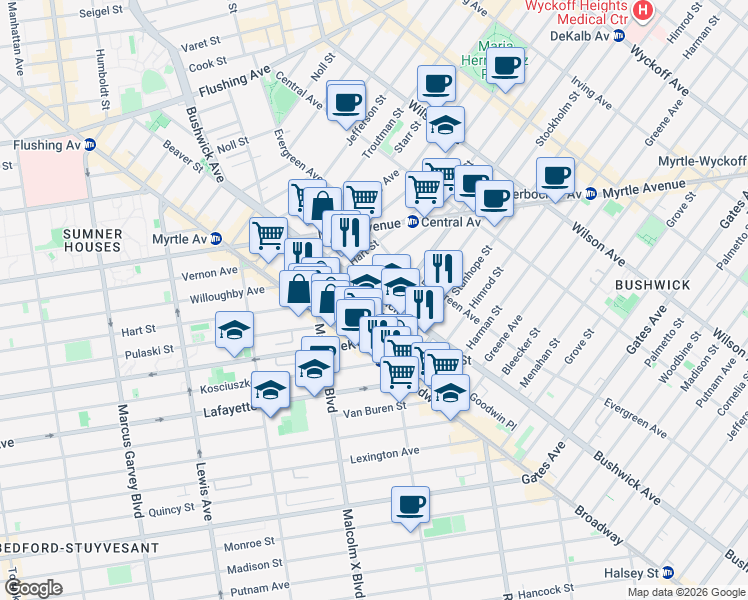 map of restaurants, bars, coffee shops, grocery stores, and more near 774 Bushwick Avenue in Brooklyn
