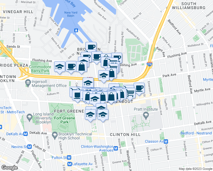 map of restaurants, bars, coffee shops, grocery stores, and more near 81 Clinton Avenue in Brooklyn
