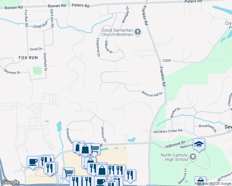 map of restaurants, bars, coffee shops, grocery stores, and more near 305 Locust Lane in Cranberry Township