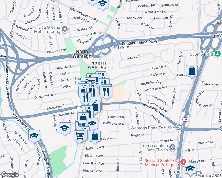 map of restaurants, bars, coffee shops, grocery stores, and more near 118 Laurel Lane in Wantagh