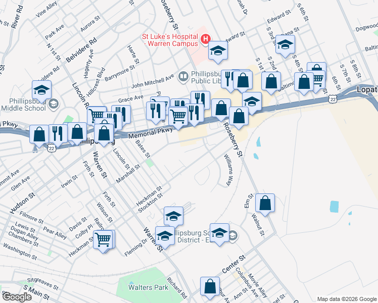 map of restaurants, bars, coffee shops, grocery stores, and more near 451 Heckman Street in Phillipsburg