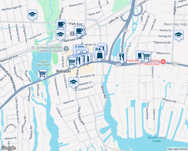 map of restaurants, bars, coffee shops, grocery stores, and more near 1 Jackson Road in Babylon