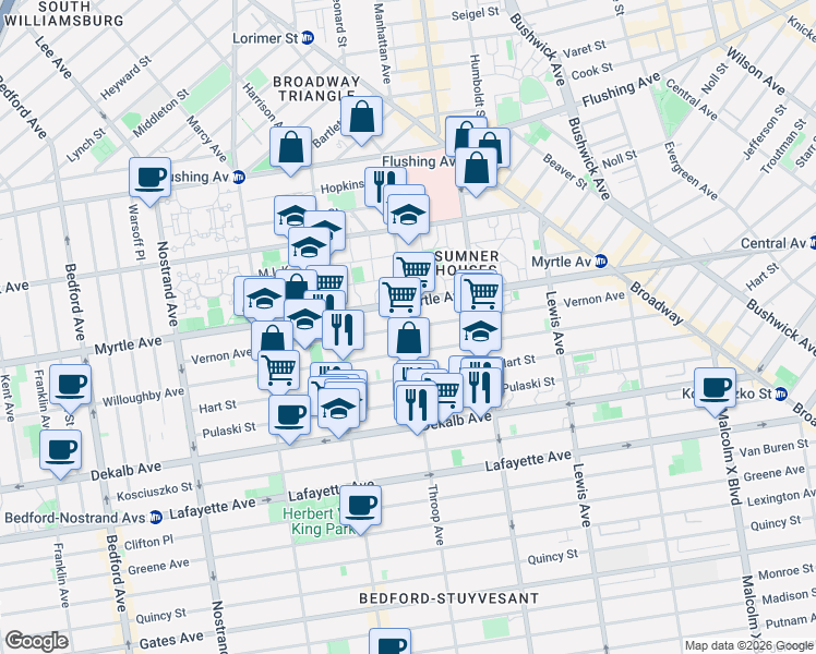 map of restaurants, bars, coffee shops, grocery stores, and more near Vernon Avenue in Brooklyn