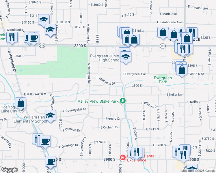 map of restaurants, bars, coffee shops, grocery stores, and more near 3511 South 1945 East in Salt Lake City