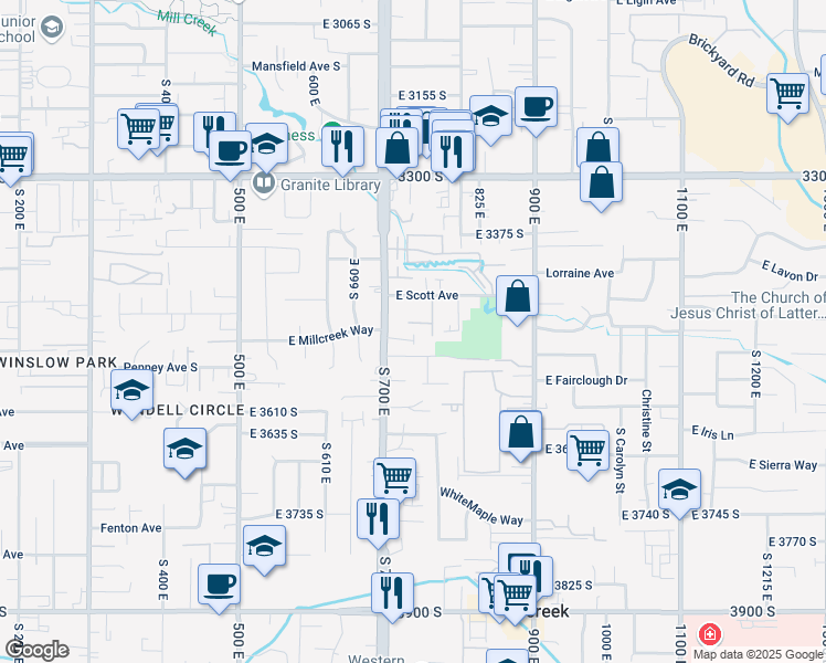 map of restaurants, bars, coffee shops, grocery stores, and more near 741 Nichols Cove in Millcreek