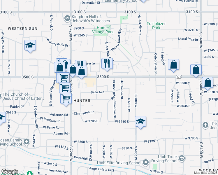 map of restaurants, bars, coffee shops, grocery stores, and more near 6976 Bello Avenue in West Valley City