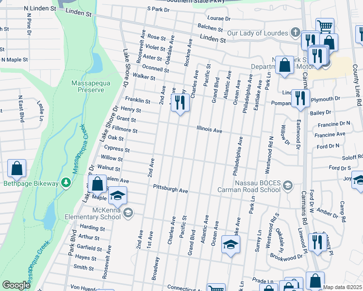 map of restaurants, bars, coffee shops, grocery stores, and more near 355 Broadway in Massapequa Park