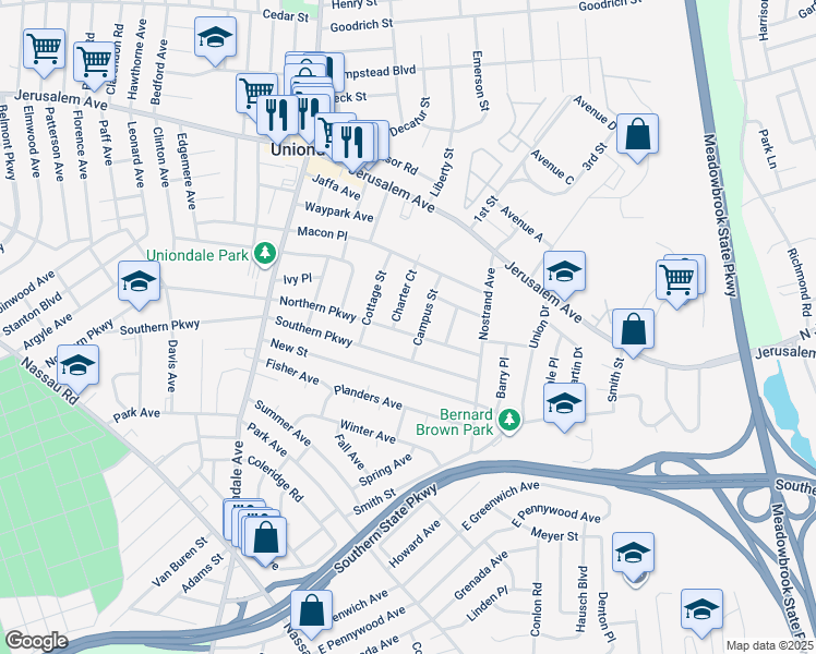 map of restaurants, bars, coffee shops, grocery stores, and more near 780 Northern Parkway in Uniondale