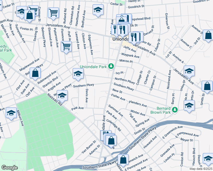 map of restaurants, bars, coffee shops, grocery stores, and more near 627 Spuhler Place in Uniondale