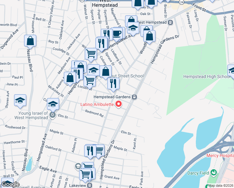 map of restaurants, bars, coffee shops, grocery stores, and more near 413 Chestnut Street in West Hempstead