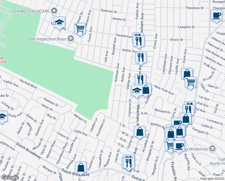 map of restaurants, bars, coffee shops, grocery stores, and more near 484 Kirkman Avenue in Elmont