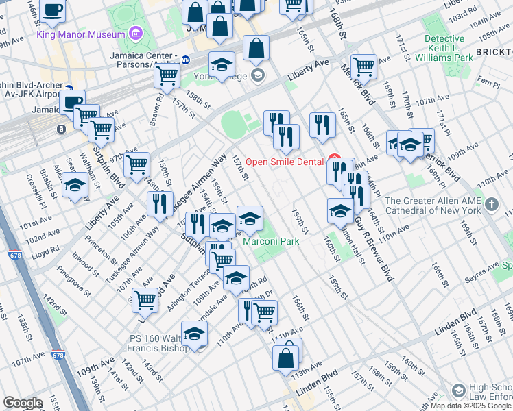 map of restaurants, bars, coffee shops, grocery stores, and more near 107-55 157th Street in Queens