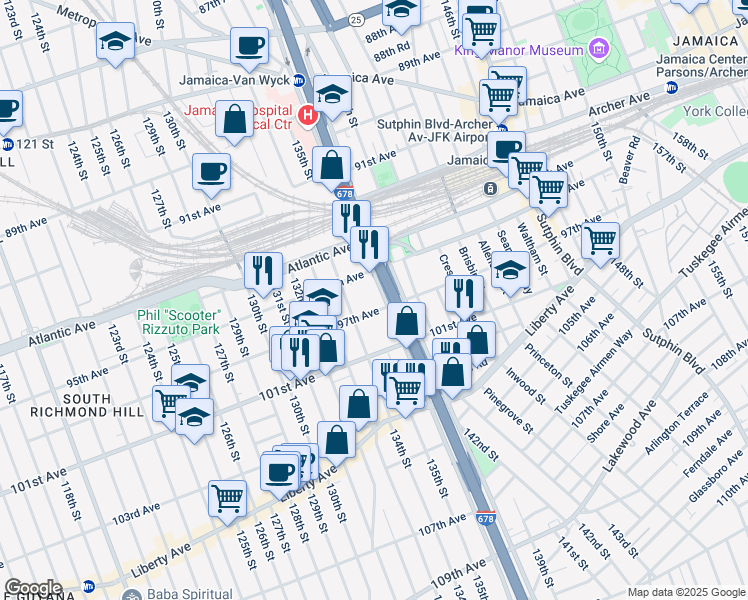map of restaurants, bars, coffee shops, grocery stores, and more near 134-23 97th Avenue in Queens