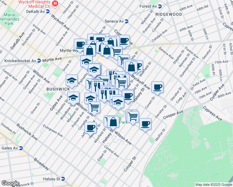 map of restaurants, bars, coffee shops, grocery stores, and more near 1398 Jefferson Avenue in Brooklyn