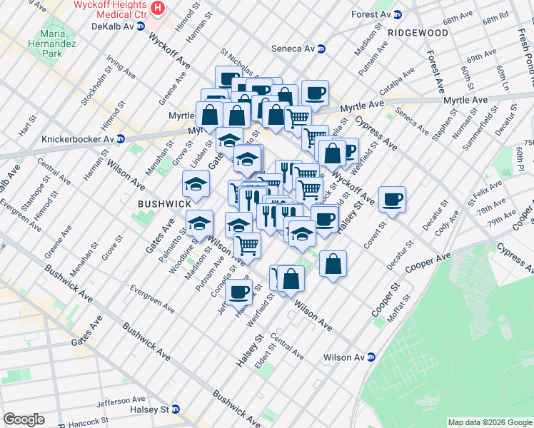 map of restaurants, bars, coffee shops, grocery stores, and more near 685 Knickerbocker Avenue in Brooklyn