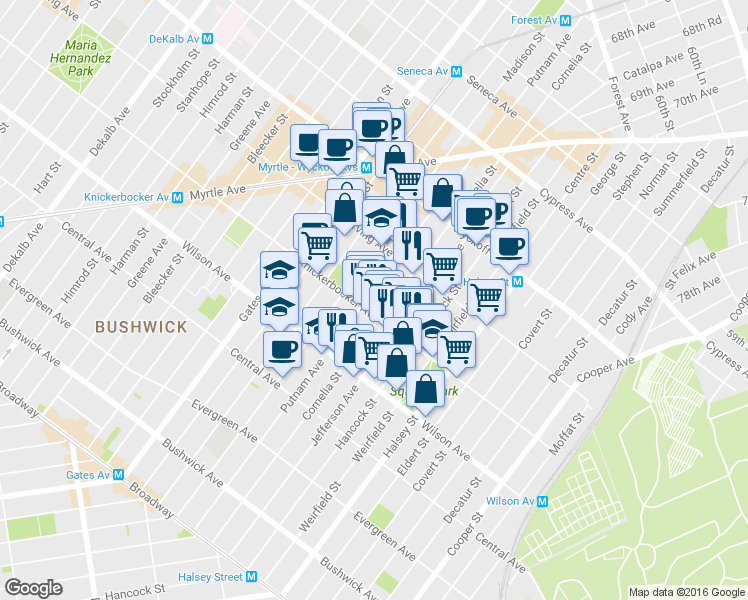 map of restaurants, bars, coffee shops, grocery stores, and more near 685 Knickerbocker Avenue in Brooklyn