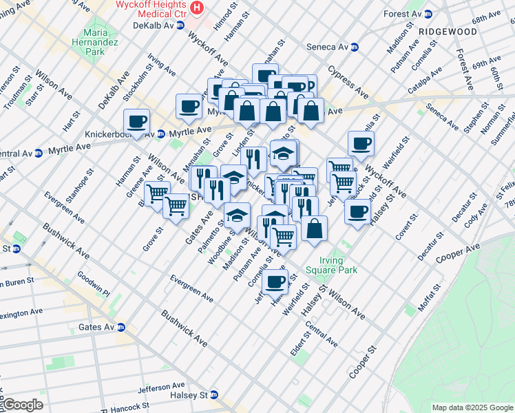 map of restaurants, bars, coffee shops, grocery stores, and more near 246 Woodbine Street in Brooklyn