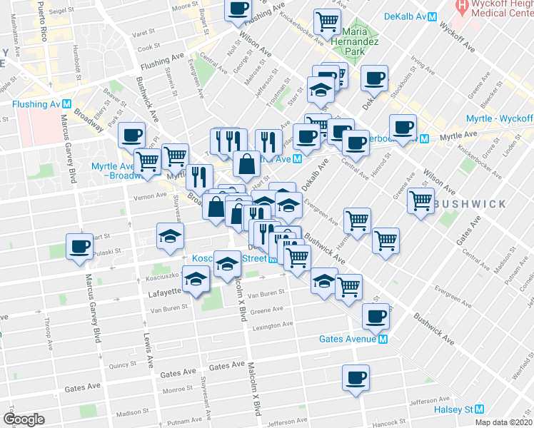 map of restaurants, bars, coffee shops, grocery stores, and more near 1171 DeKalb Avenue in Brooklyn