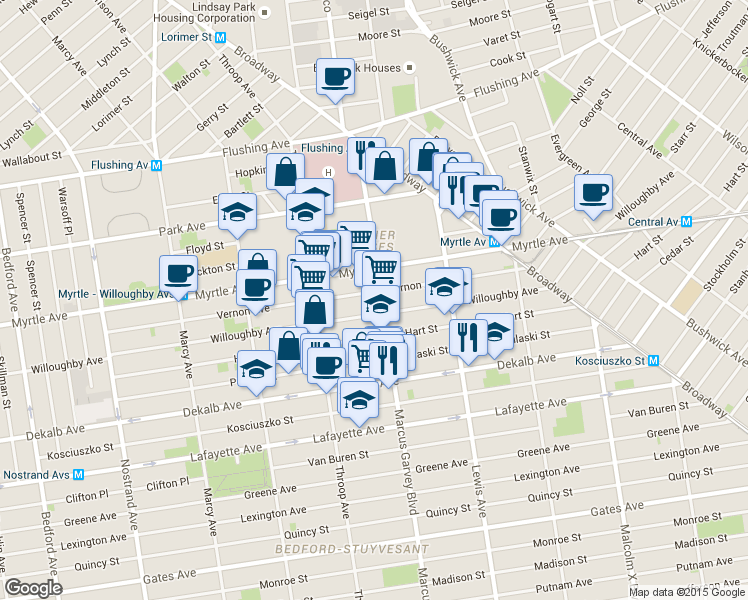 map of restaurants, bars, coffee shops, grocery stores, and more near 701 Willoughby Avenue in Brooklyn