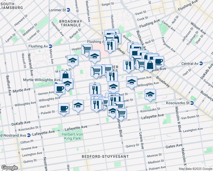 map of restaurants, bars, coffee shops, grocery stores, and more near 701 Willoughby Avenue in Brooklyn