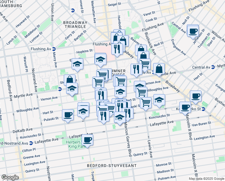 map of restaurants, bars, coffee shops, grocery stores, and more near 701 Willoughby Avenue in Brooklyn