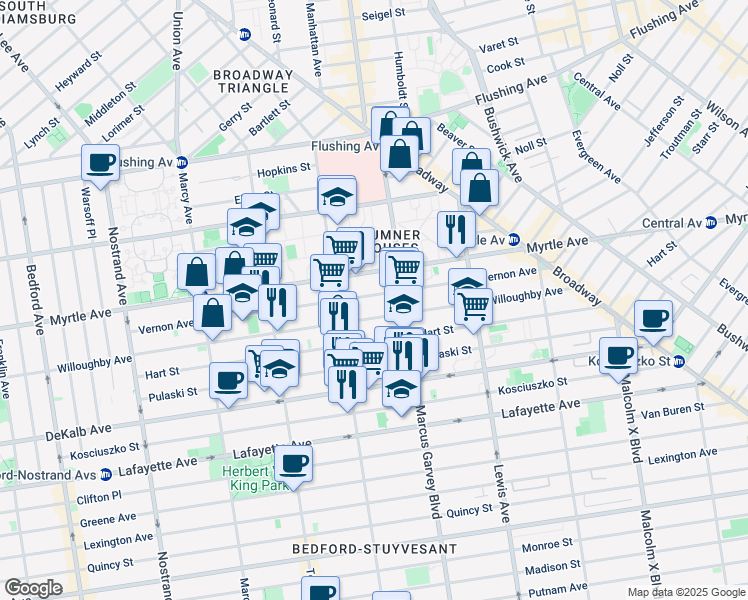 map of restaurants, bars, coffee shops, grocery stores, and more near 671 Willoughby Avenue in Brooklyn