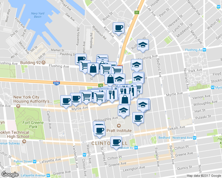 map of restaurants, bars, coffee shops, grocery stores, and more near 84 Steuben Street in Brooklyn