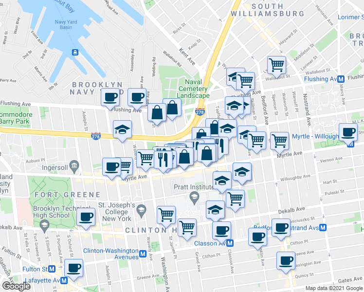 map of restaurants, bars, coffee shops, grocery stores, and more near 84 Steuben Street in Brooklyn