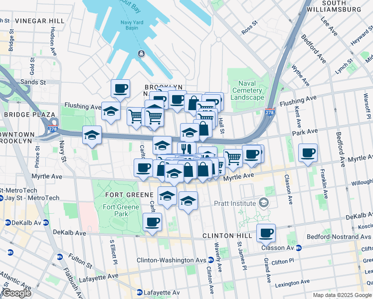 map of restaurants, bars, coffee shops, grocery stores, and more near 86 Clinton Avenue in Brooklyn