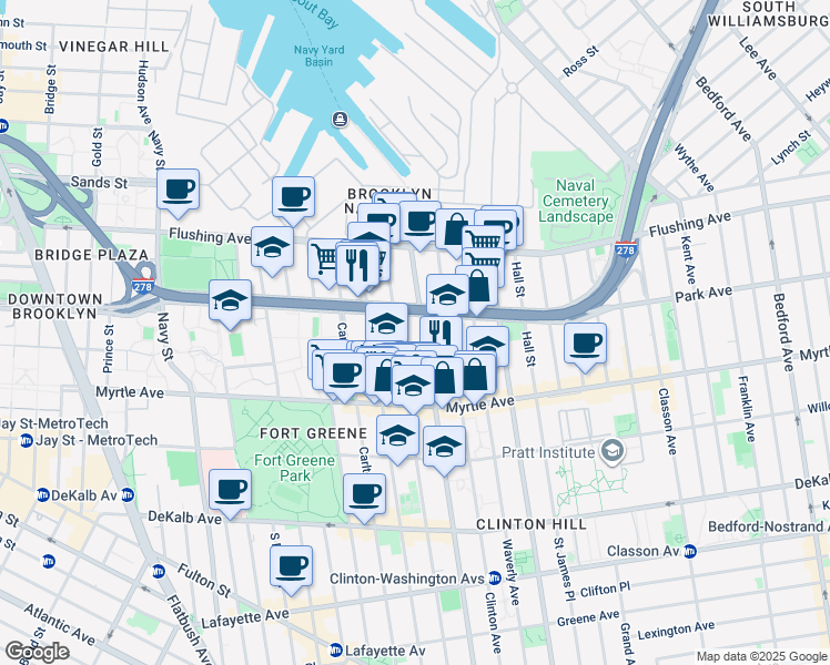map of restaurants, bars, coffee shops, grocery stores, and more near 89 Clermont Avenue in Brooklyn