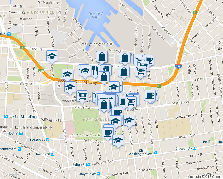map of restaurants, bars, coffee shops, grocery stores, and more near 94 Adelphi Street in Brooklyn