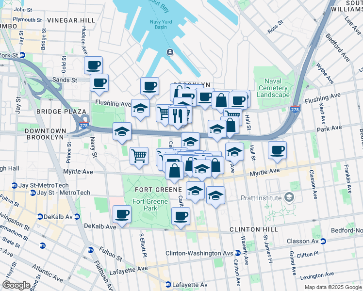 map of restaurants, bars, coffee shops, grocery stores, and more near 94 Adelphi Street in Brooklyn