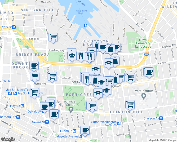 map of restaurants, bars, coffee shops, grocery stores, and more near 94 Adelphi Street in Brooklyn