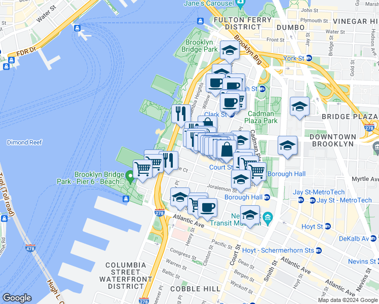 map of restaurants, bars, coffee shops, grocery stores, and more near 78 Montague Street in Brooklyn
