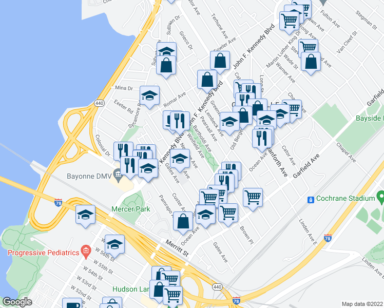 map of restaurants, bars, coffee shops, grocery stores, and more near 190 Neptune Avenue in Jersey City
