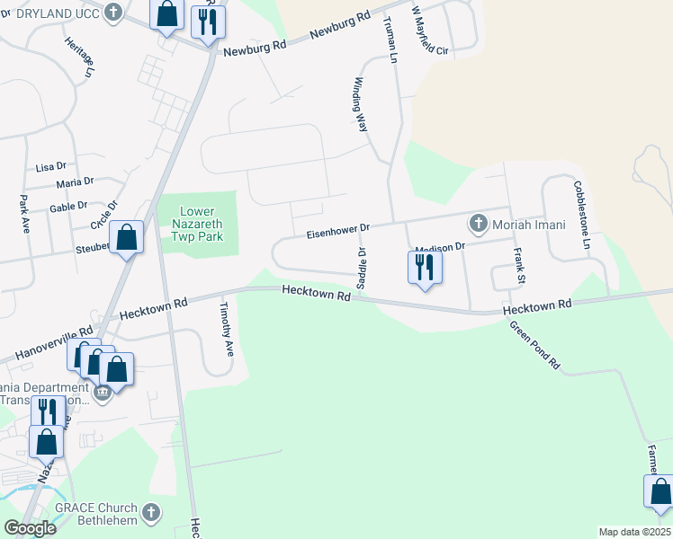 map of restaurants, bars, coffee shops, grocery stores, and more near 4371 Eisenhower Drive in Bethlehem