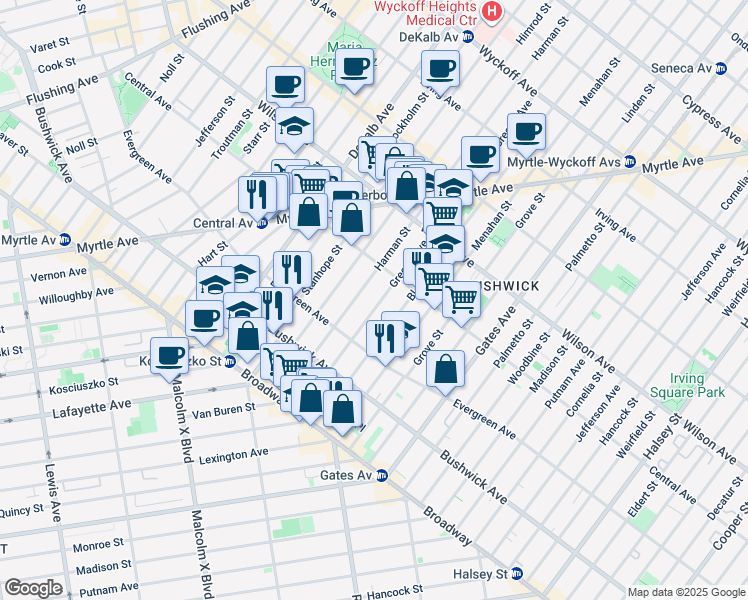 map of restaurants, bars, coffee shops, grocery stores, and more near 1175 Greene Avenue in Brooklyn