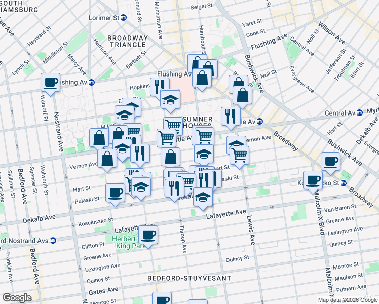 map of restaurants, bars, coffee shops, grocery stores, and more near 244 Vernon Avenue in Brooklyn