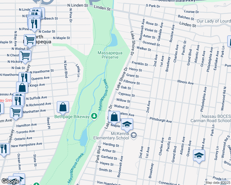 map of restaurants, bars, coffee shops, grocery stores, and more near Lake Shore Drive & Cypress Street in Massapequa Park