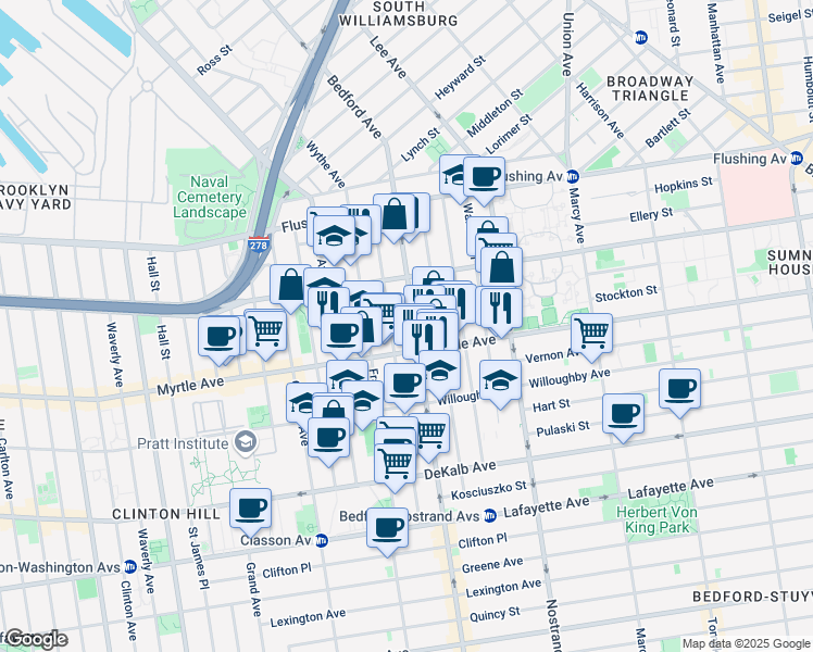 map of restaurants, bars, coffee shops, grocery stores, and more near in Brooklyn