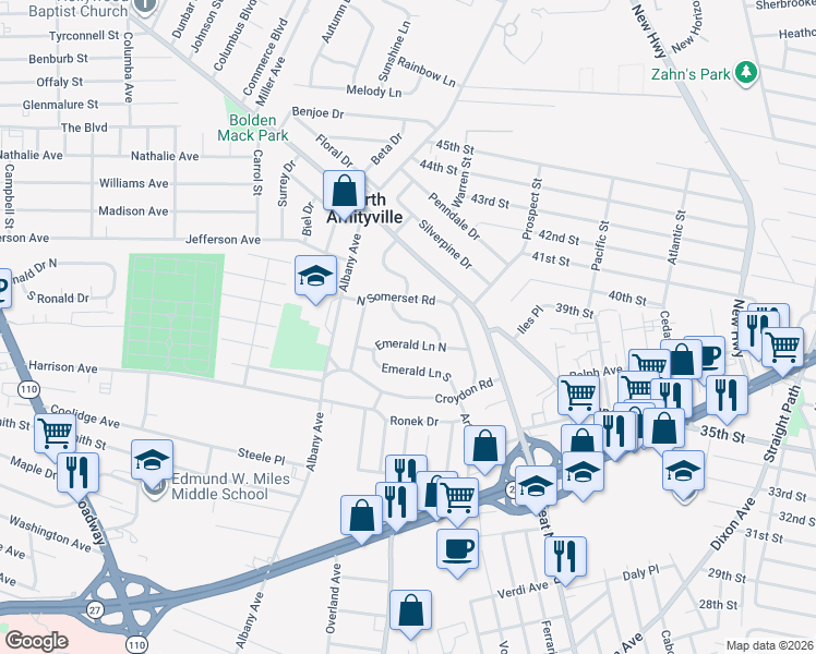 map of restaurants, bars, coffee shops, grocery stores, and more near 12 Emerald Lane North in Amityville