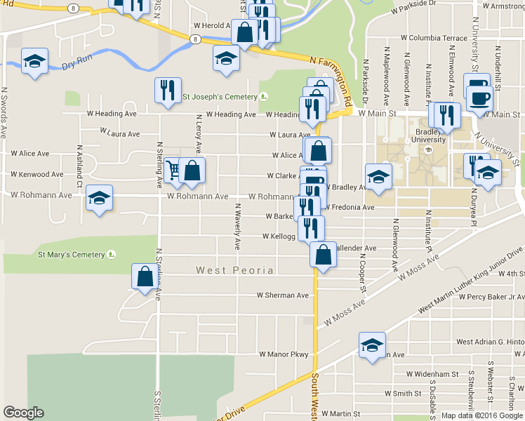 map of restaurants, bars, coffee shops, grocery stores, and more near 2103 West Barker Avenue in Peoria
