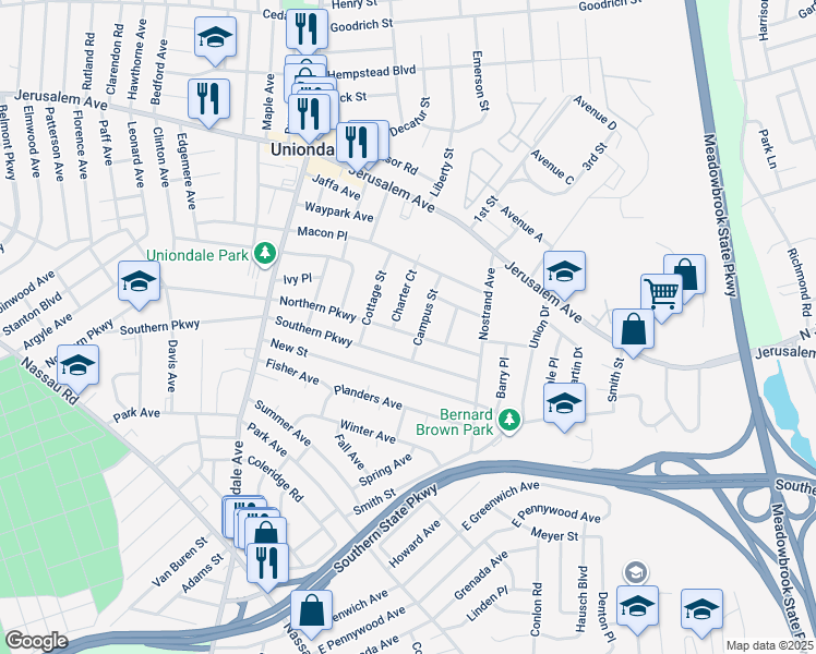 map of restaurants, bars, coffee shops, grocery stores, and more near 780 Northern Parkway in Uniondale