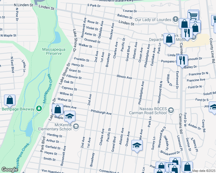 map of restaurants, bars, coffee shops, grocery stores, and more near 355 Broadway in Massapequa Park