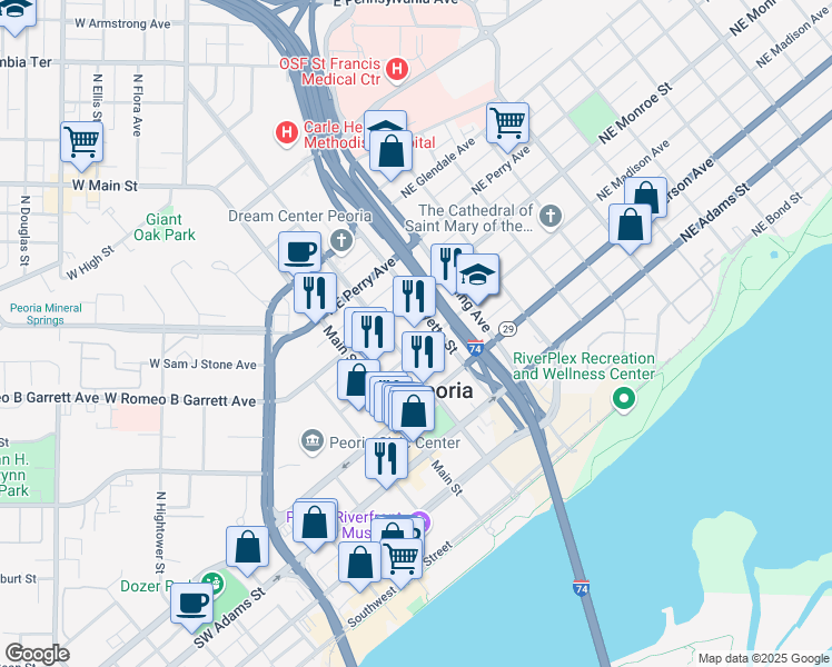 map of restaurants, bars, coffee shops, grocery stores, and more near 500 Hamilton Boulevard in Peoria