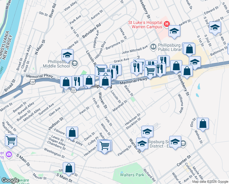 map of restaurants, bars, coffee shops, grocery stores, and more near 271 Lincoln Street in Phillipsburg