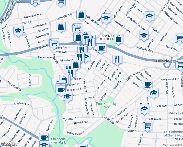 map of restaurants, bars, coffee shops, grocery stores, and more near 232 Boston Avenue in Hillside