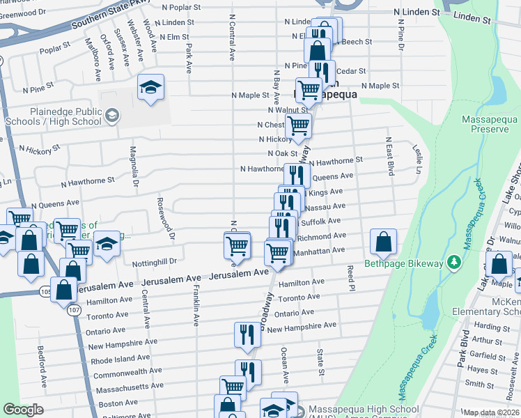 map of restaurants, bars, coffee shops, grocery stores, and more near 219 North Nassau Avenue in Massapequa